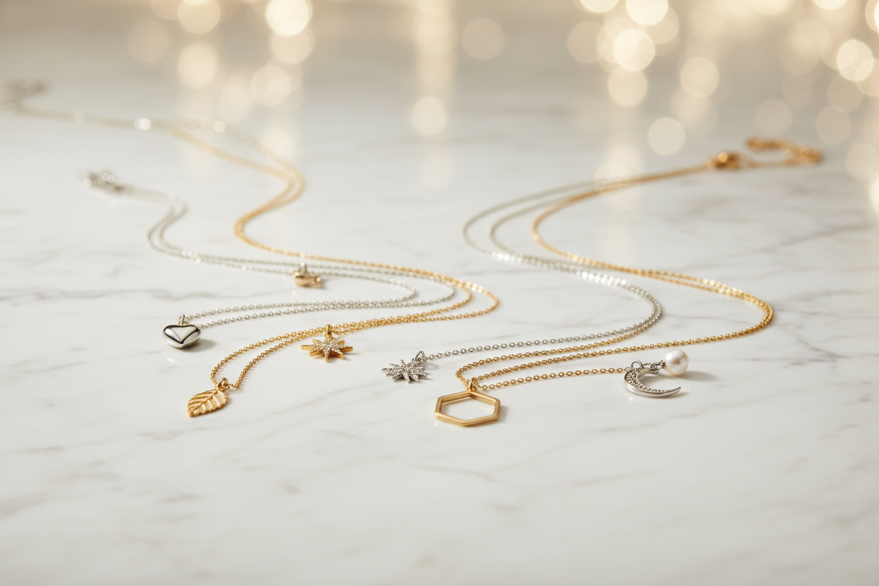 create a professional, realistic looking banner about jewelry. silver and gold necklaces, with small charms 